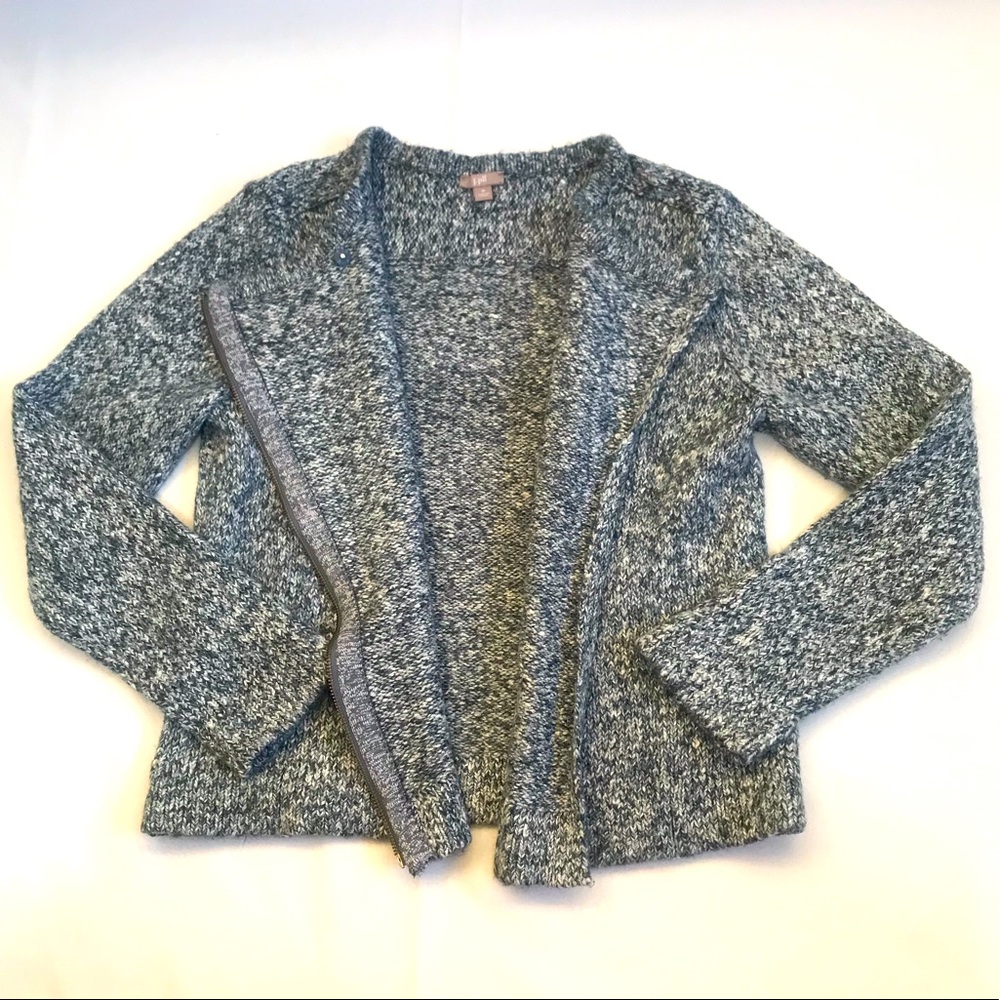 J. Jill grey and white asymetrical front zip knit sweater jacket size Me…